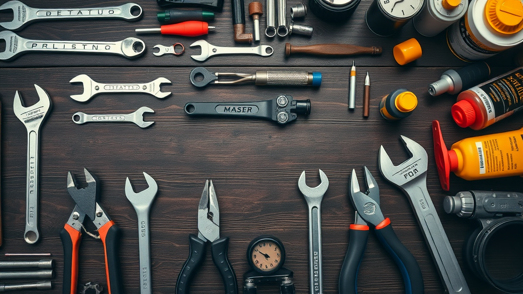 Essential motorcycle repair tools and lubricants on a workbench