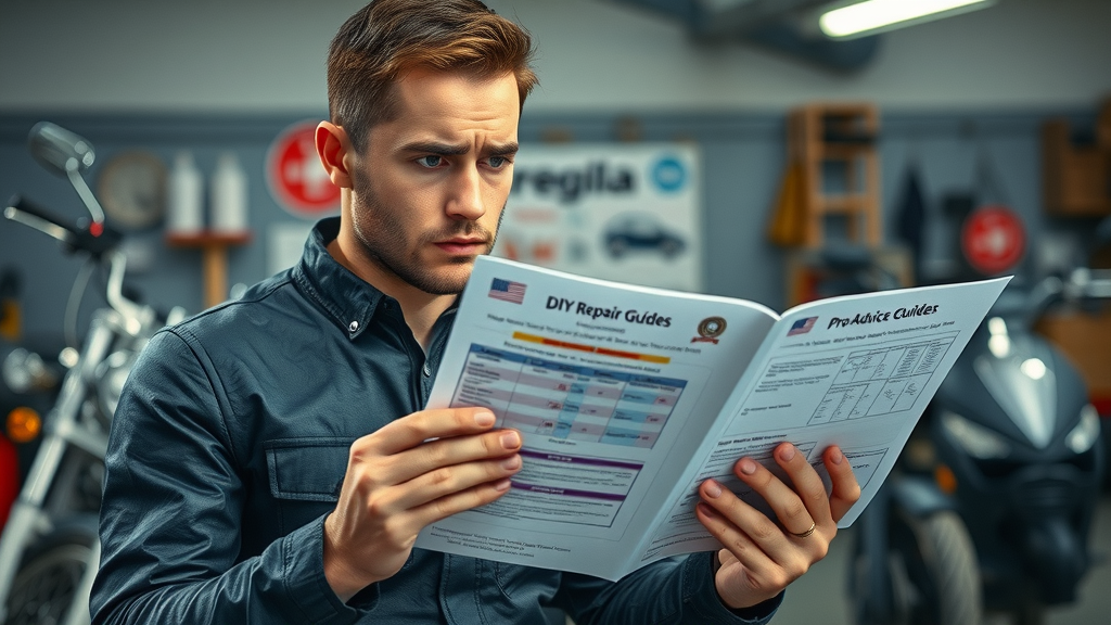 Skeptical rider comparing DIY motorcycle repair advice with professional mechanic guides