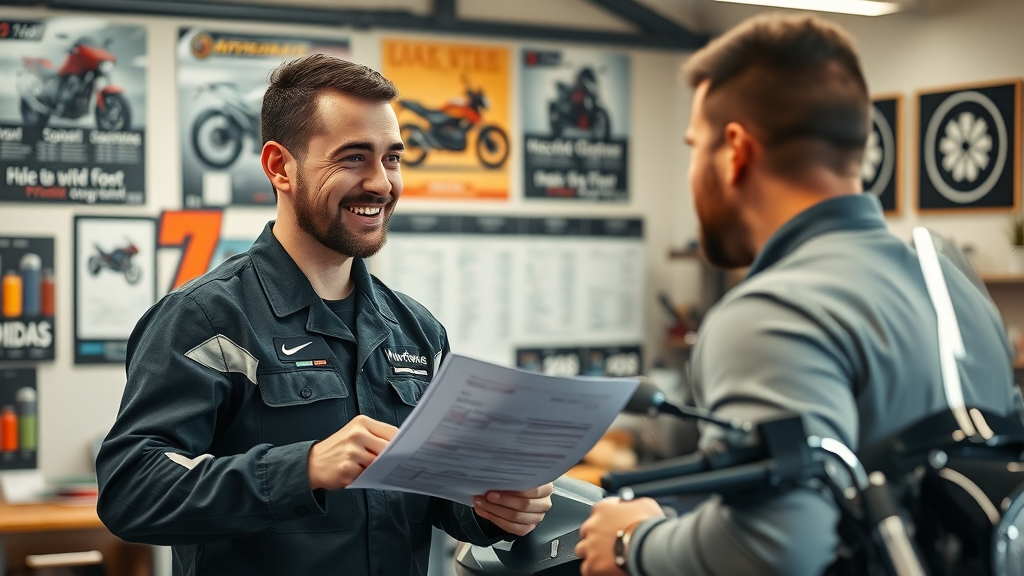 mechanic explaining motorcycle engine tuning services cost to owner in professional dyno tuning shop