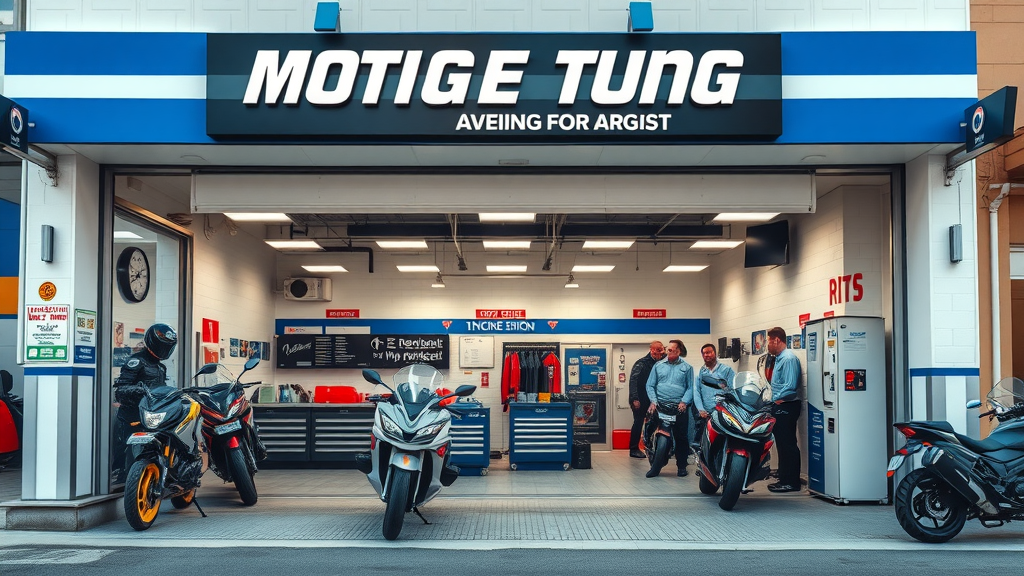 organized motorcycle tuning shop offering dyno tuning service with friendly team and modern display bikes