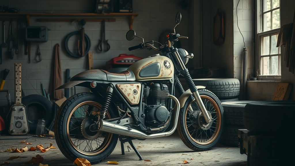 seasonal motorcycle storage neglected garage signs of rust and debris