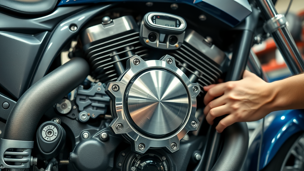 dynamic close-up of a high-performance motorcycle engine, gleaming metal surfaces, powerful yet precise, mechanics inspecting engine, motorcycle engine tuning, garage workshop, diagnostic equipment, highly detailed moving gears and pistons, sharp focus, macro lens, bright task lighting