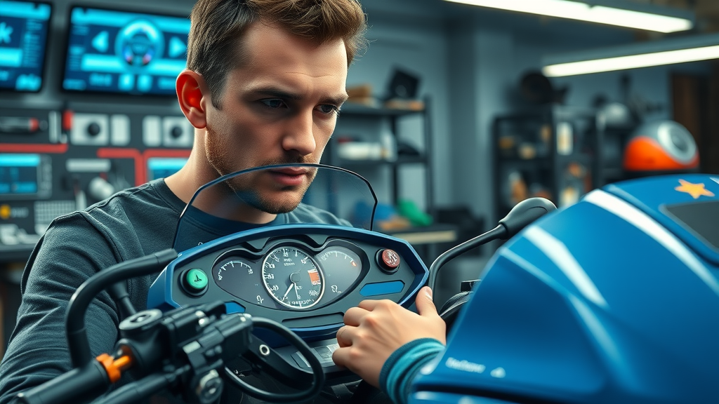 detailed illustration of a motorcycle dashboard and ECU system, technician adjusting settings, motorcycle engine tuning, modern garage digital screens, highlighted wires and connectors, blue metallic theme, 35mm lens