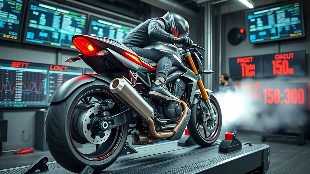 energetic motorcycle mounted on a dynamometer, intense rider focus, dyno tuning, engine revving, dyno room monitors with data, exhaust fumes, motion blur, silver and red, wide-angle lens