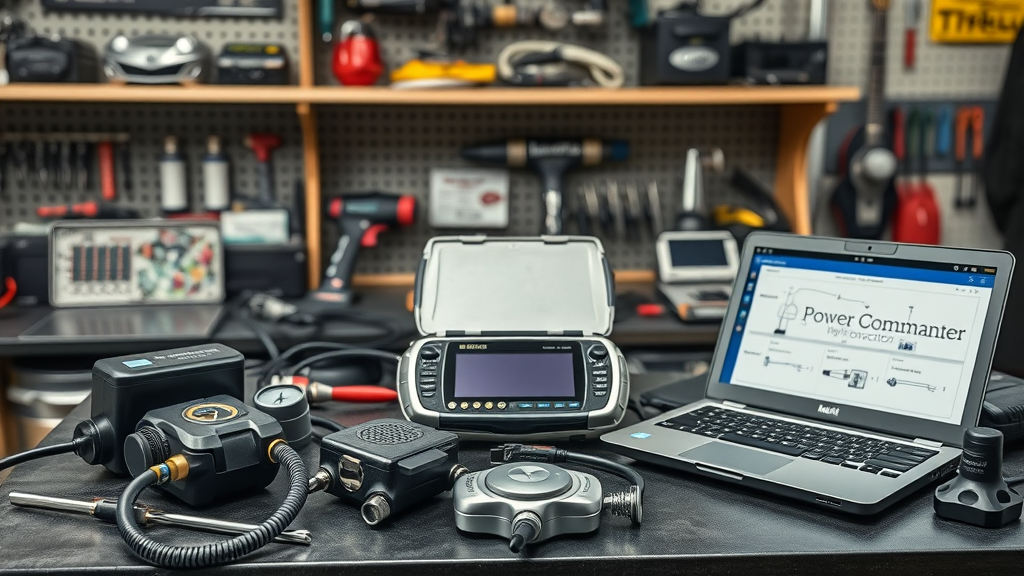 crisp still life of motorcycle tuning tools, Power Commander, high-tech gadgets, diagnostic laptops, motorcycle tuning, workbench, open tool boxes, wiring diagrams