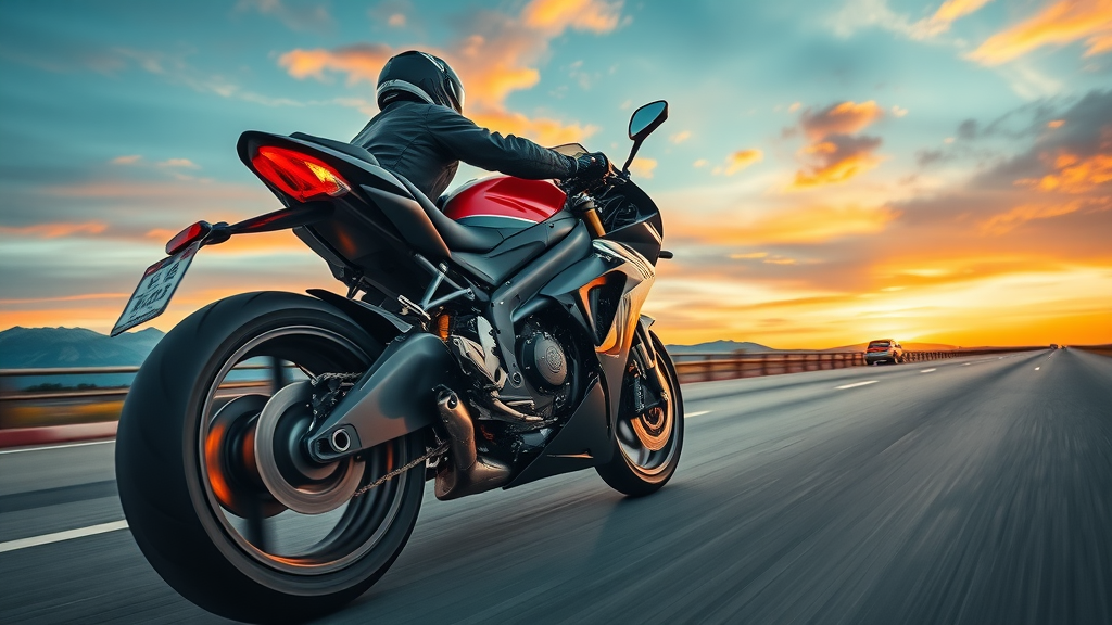 inspiring action shot sport motorcycle, engine components visible, motorcycle engine tuning for peak performance, speed blur, sweeping highway, sunset