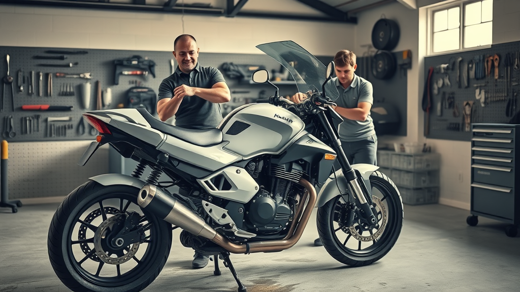 serene garage scene of a clean, well-maintained motorcycle, mechanic inspecting engine, motorcycle engine longevity, clean tool wall, subtle oil stains, 50mm lens