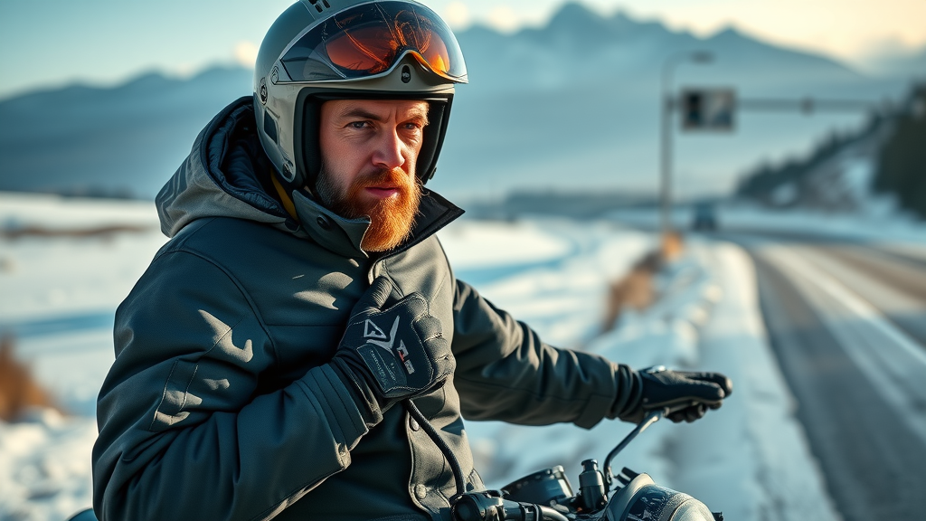 rugged motorcyclist putting on advanced winter riding gear in snowy roadside, cold weather motorcycle gear