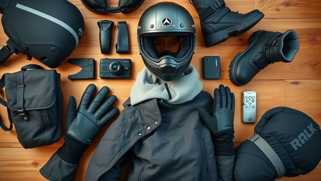modern motorcycle gear flat lay, key winter riding items, base layers, helmet, gloves, boots, winter motorcycle gear
