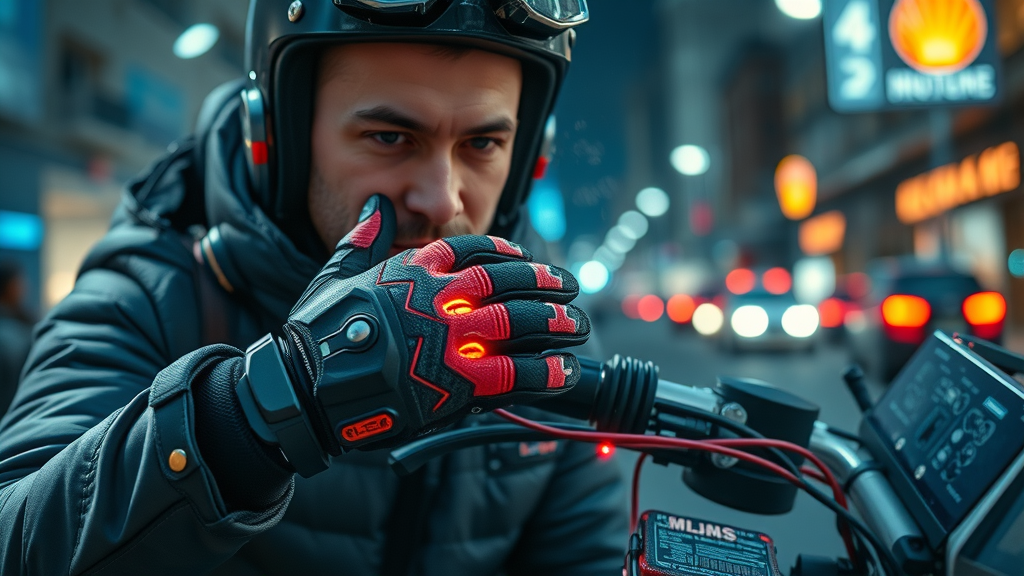 innovative motorcycle heated gear, rider connecting heated glove to battery, heated gear for winter riding