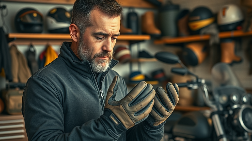 experienced motorcyclist inspecting worn winter gloves and boots, weather motorcycle gear replacement