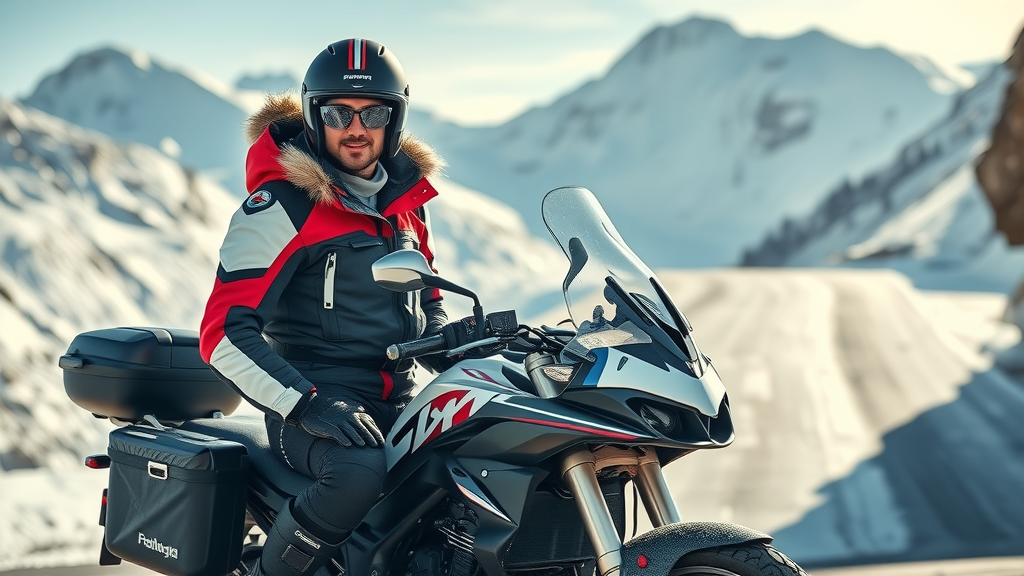 rider in full winter motorcycle outfit, confident for cold weather riding, stylish winter motorcycle gear