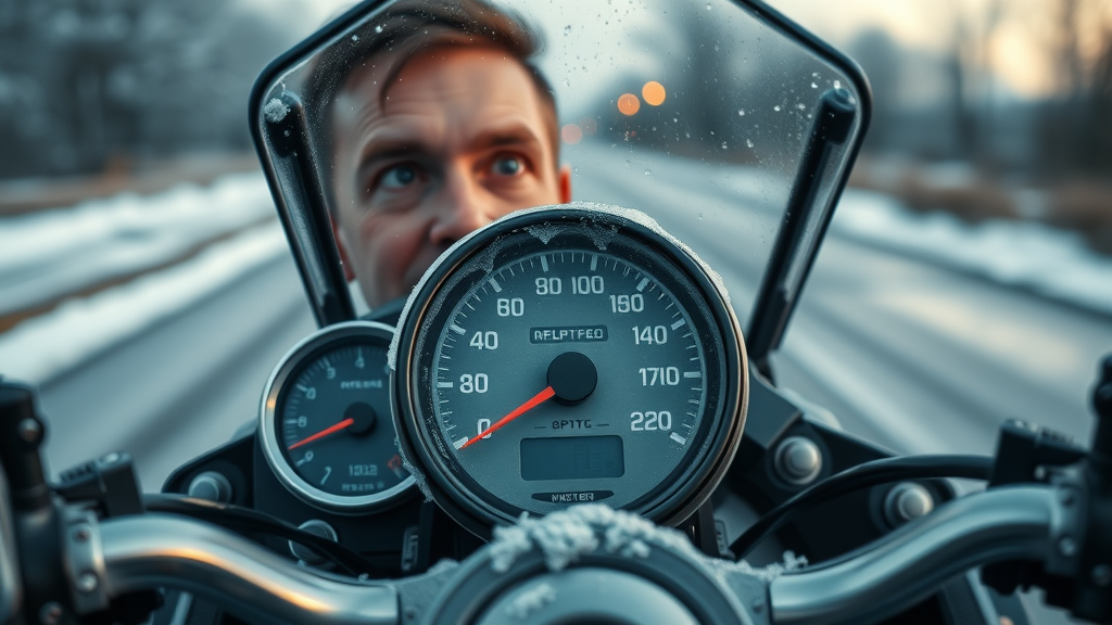 motorcycle speedometer with frost, illustrating 40 degrees riding temperature and cold air