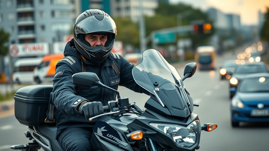 dynamic shot of a confident motorcyclist wearing full safety motorcycle accessories on urban road