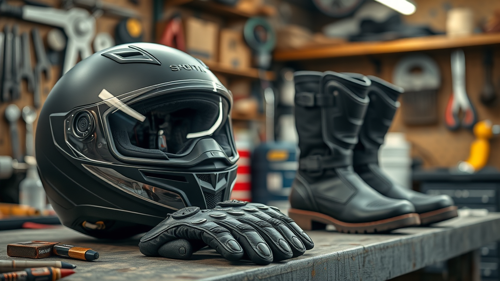 close-up of high-quality motorcycle accessories helmet gloves boots ready for use