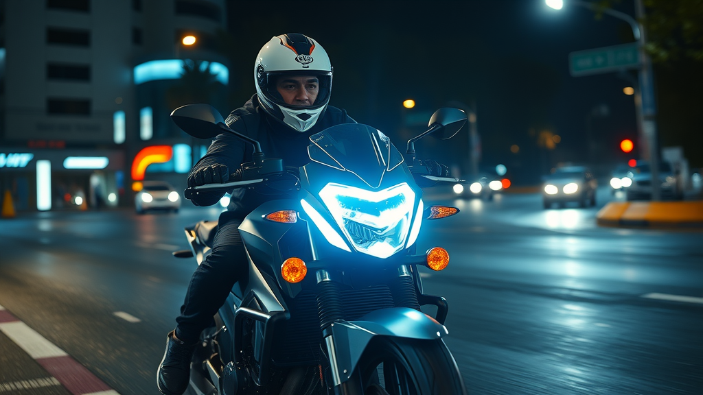 motorcyclist riding at night with LED lighting and safety gear motorcycle accessories