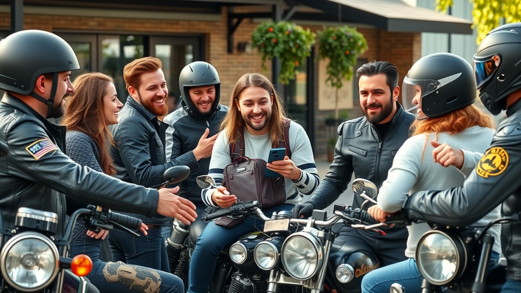 group of diverse riders recommending motorcycle accessories and gear outdoor cafe scene