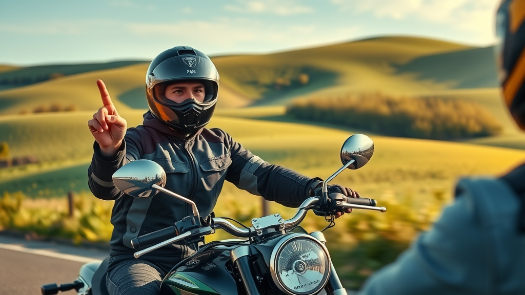 motorcycle rider two-finger wave friendly countryside gear motorcycle accessories