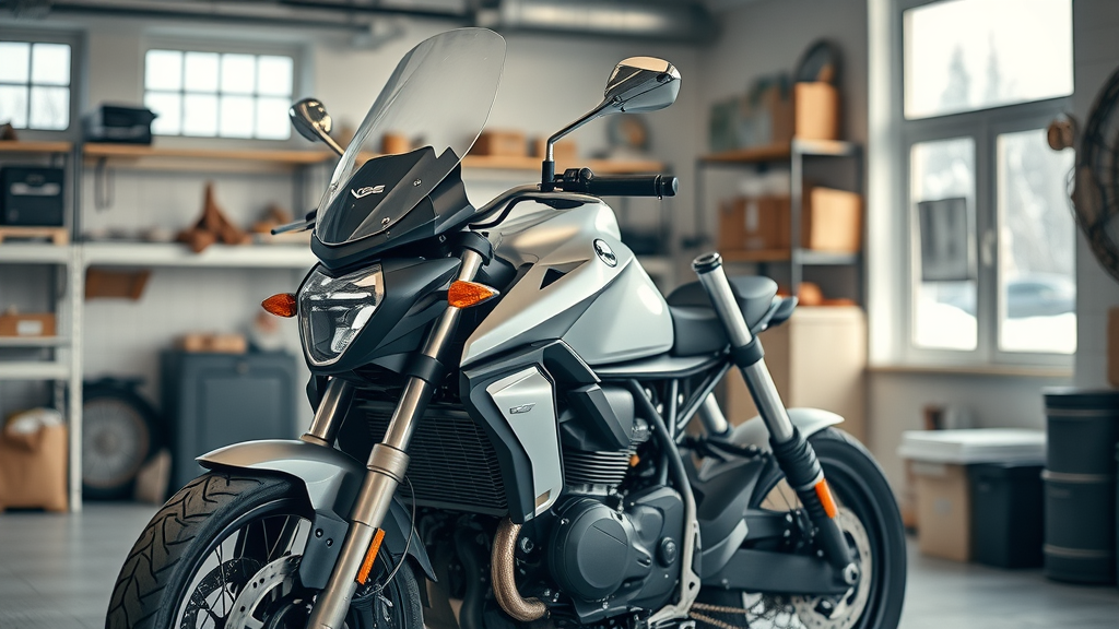 clean, well-maintained motorcycle parked indoors winter storage spacious organized garage with winter elements visible outside top tips for storing a motorcycle in cold weather