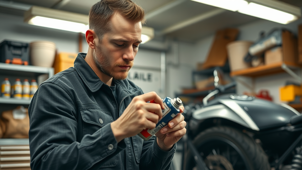 attentive motorcycle owner applying lubricant to motorcycle chain winter storage supplies top tips for storing a motorcycle in cold weather