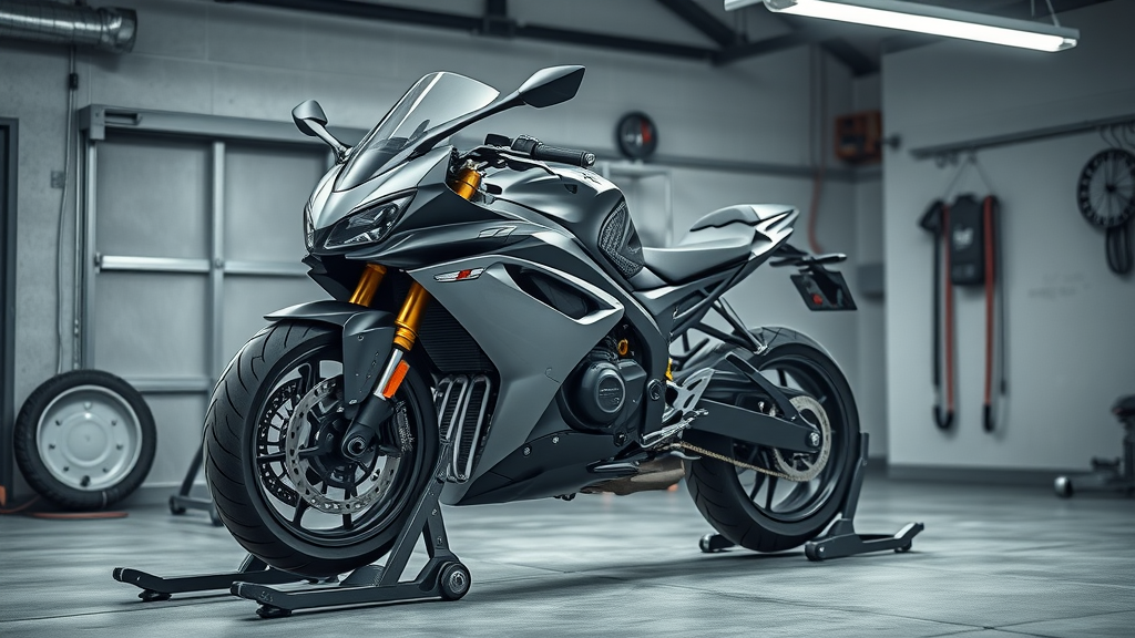 sleek motorcycle stationary on a sturdy motorcycle stand during winter storage tire protection accessories top tips for storing a motorcycle in cold weather