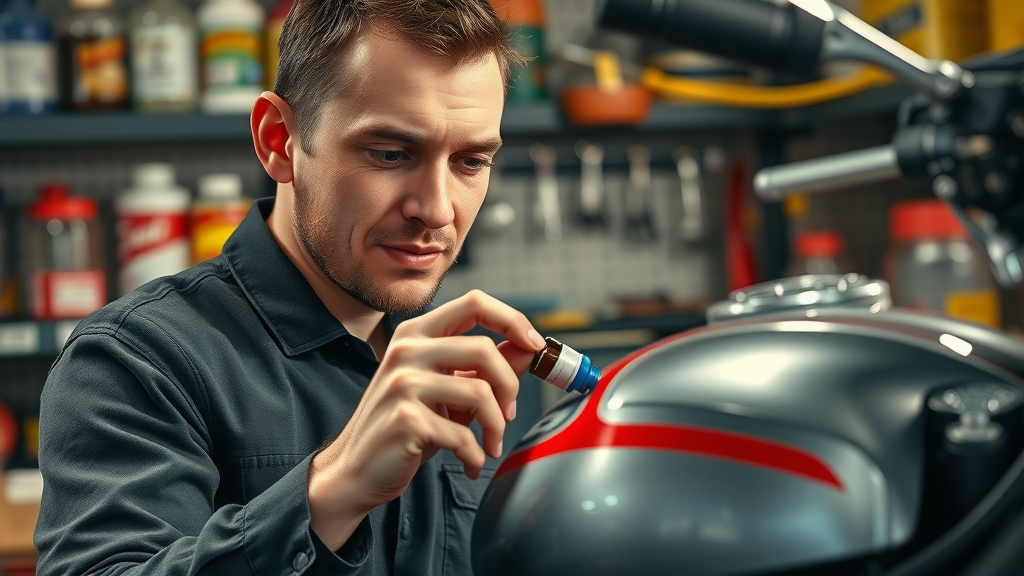 thoughtful mechanic pouring fuel stabilizer into motorcycle gas tank winter storage fuel system maintenance top tips for storing a motorcycle in cold weather