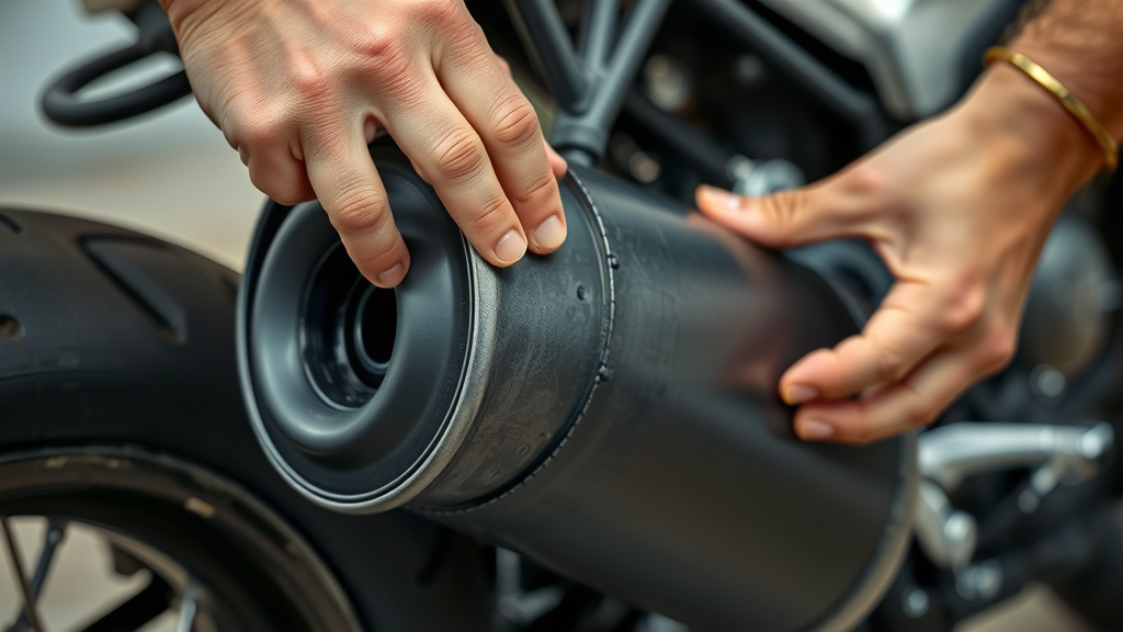 steady hands placing cover over motorcycle exhaust pipe for winter storage highly detailed close up top tips for storing a motorcycle in cold weather