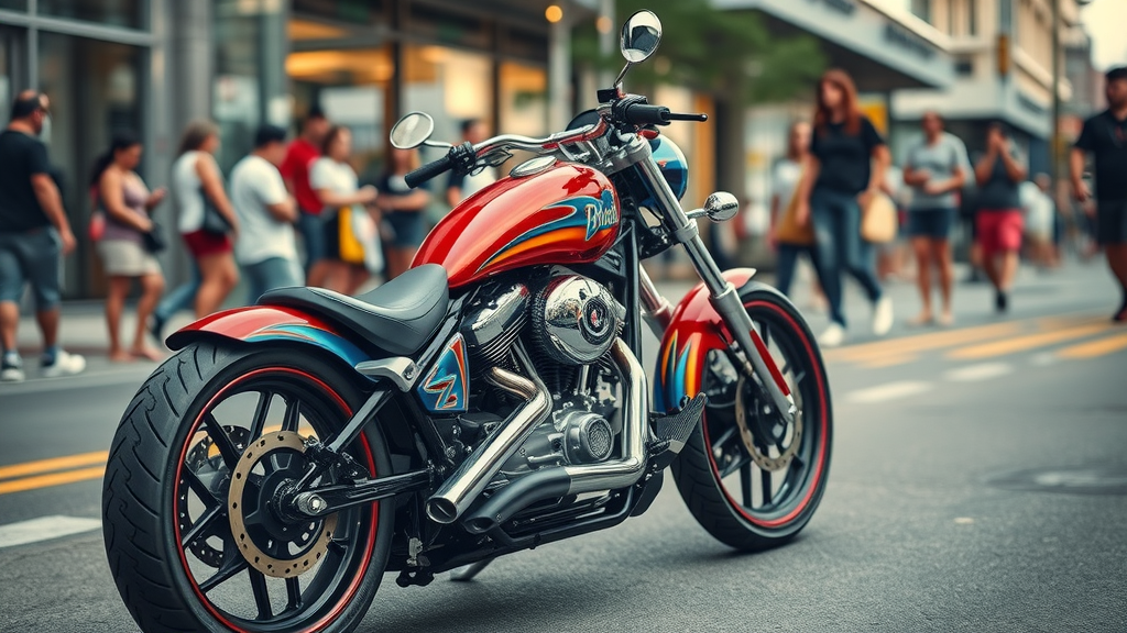 Vibrant custom-painted motorcycle gleaming outdoors with metallic reds and blues, drawing attention on an urban street - motorcycle paint jobs