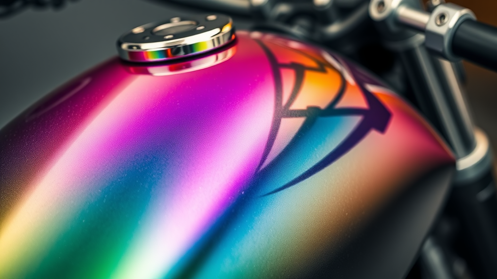 Close-up of motorcycle gas tank with iridescent chameleon paint transitioning colors under light - chameleon paint job