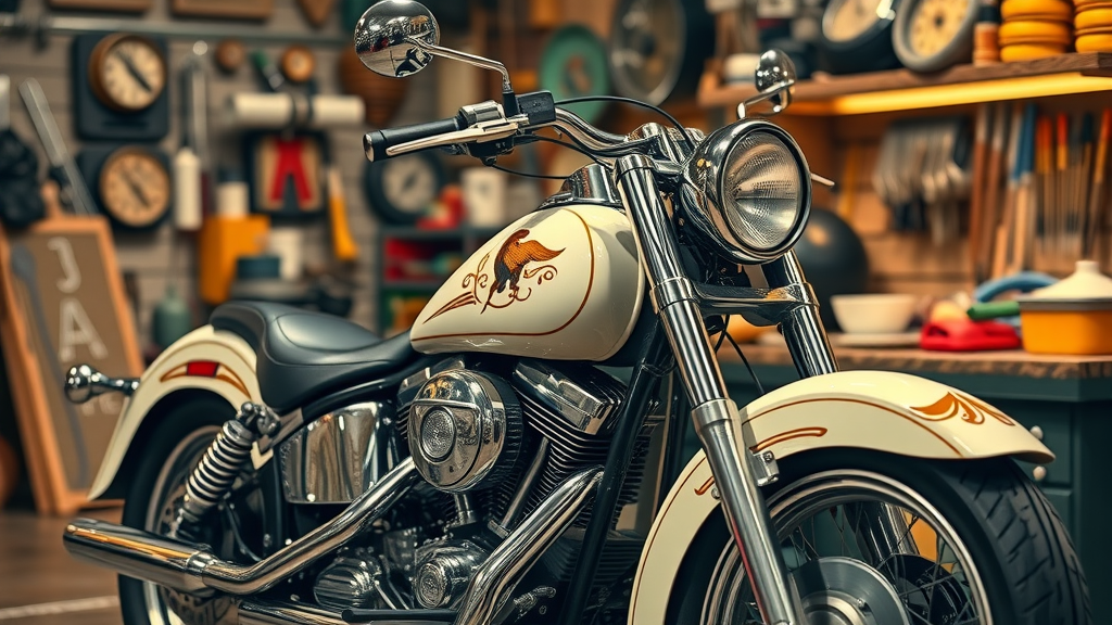 Classic motorcycle with elegant vintage pinstriping, retro garage vibe with an artist hand painting detail - custom paint job