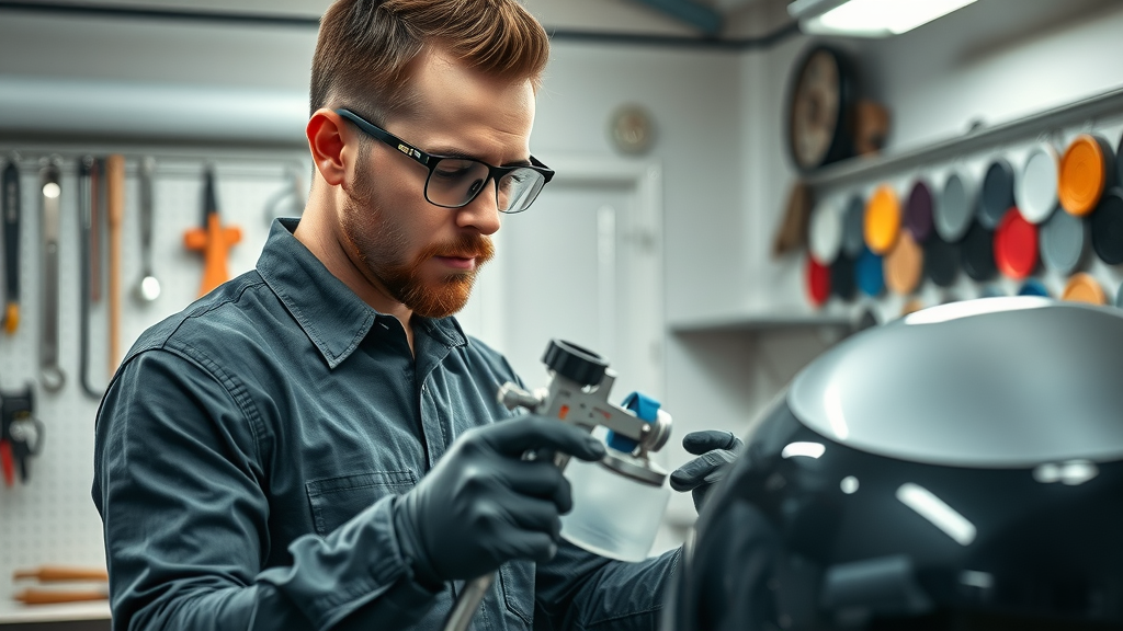 Professional motorcycle painter inspects a custom-painted part in clean workshop with color swatches - motorcycle painter