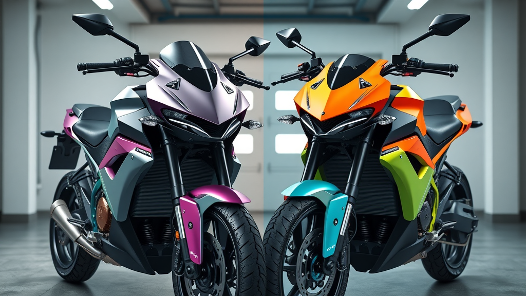 Modern motorcycle split-view comparison, metallic custom paint versus vibrant wrap - motorcycle paint jobs