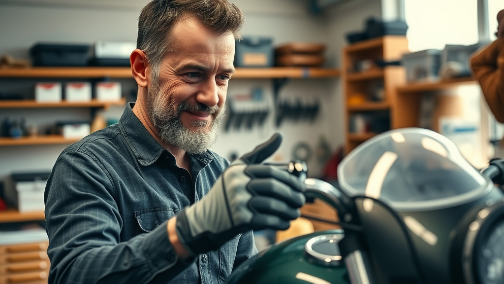 Motorcycle owner inspecting a freshly painted part, reflecting on the decision - motorcycle paint job