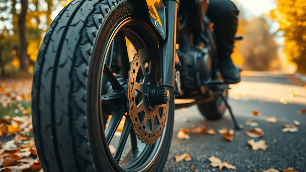 motorcycle tire check autumn, close-up of motorcycle’s front tire, attentive rider inspecting tire, vivid autumn landscape, crisp tire tread detail