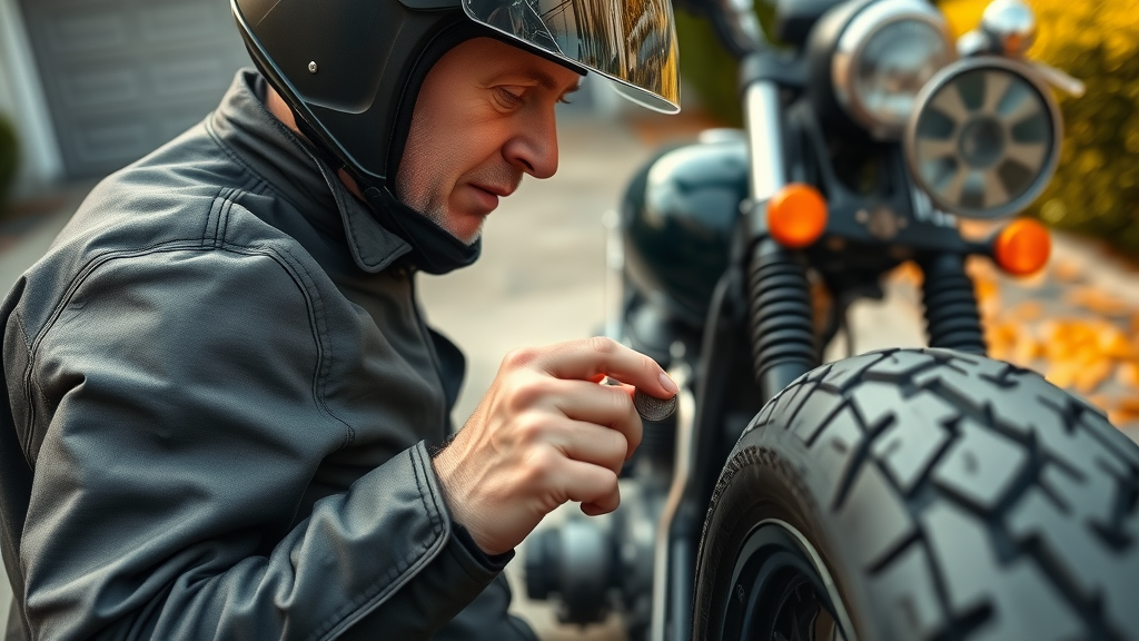motorcycle tire check autumn, mature rider checking tire tread with coin, autumn driveway setting, sense of safety and inspection