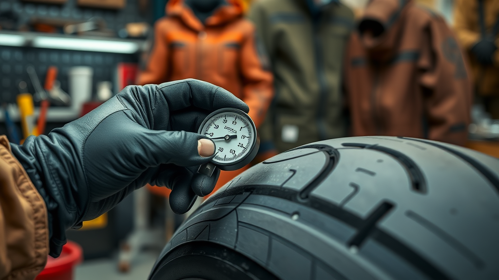 motorcycle tire check autumn, gloved hand using tire pressure gauge on motorcycle tire in autumn garage setting