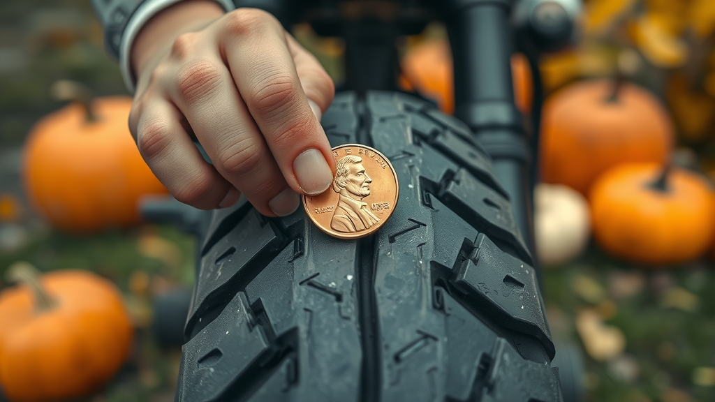 check your tire, penny inserted into motorcycle tire groove, autumn setting, tread depth test