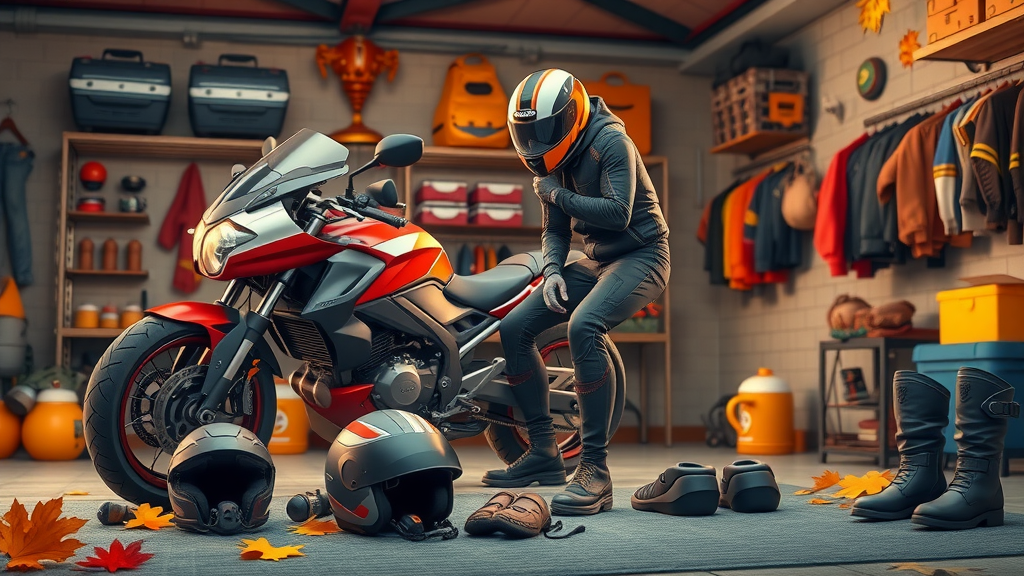 riding gear, motorcycle gear preparation for autumn, helmets, gloves, boots, jackets, colorful garage