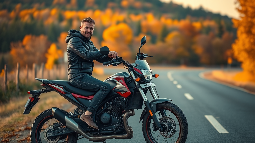 motorcycle tire check autumn, rider with well-maintained motorcycle, scenic rural autumn road, safety appreciation, golden hour lighting
