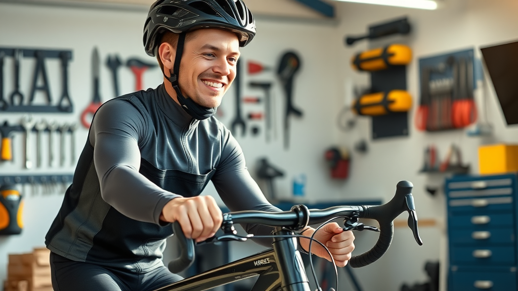 Seasonal bike care: modern bicycle maintenance check in an organized workshop, smiling rider in safety gear, glistening metal components