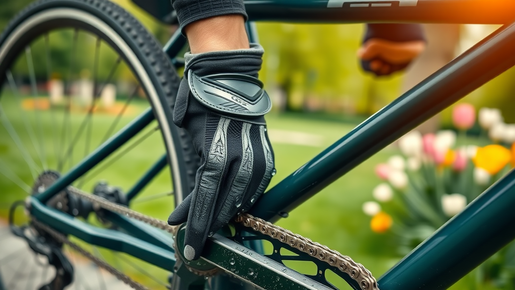 Spring bike care: lubricating a bike chain, springtime park setting, vibrant colors, hands in gloves