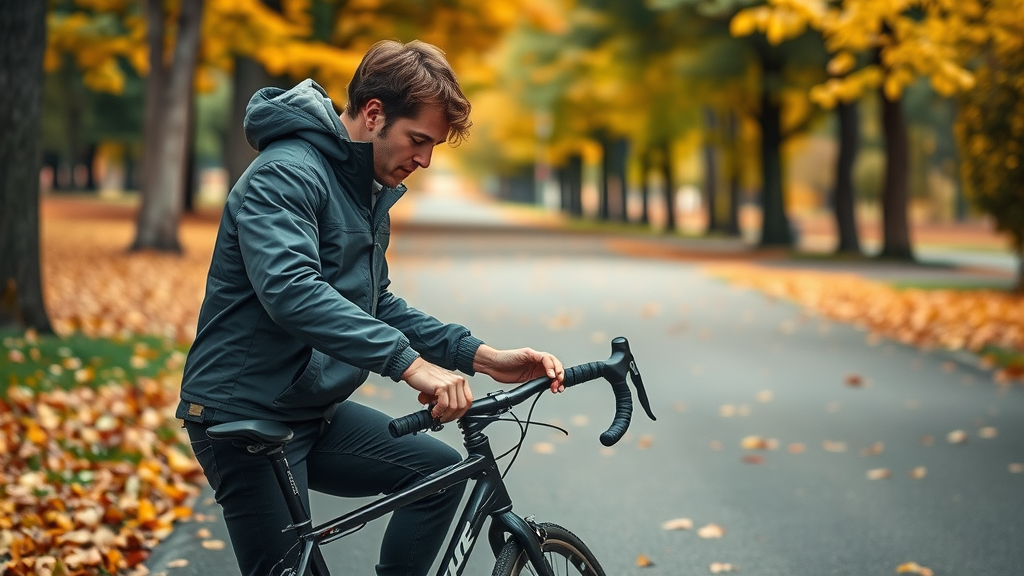 Autumn bike care: cyclist checking mudguards and drivetrain, fall leaves, technical focus