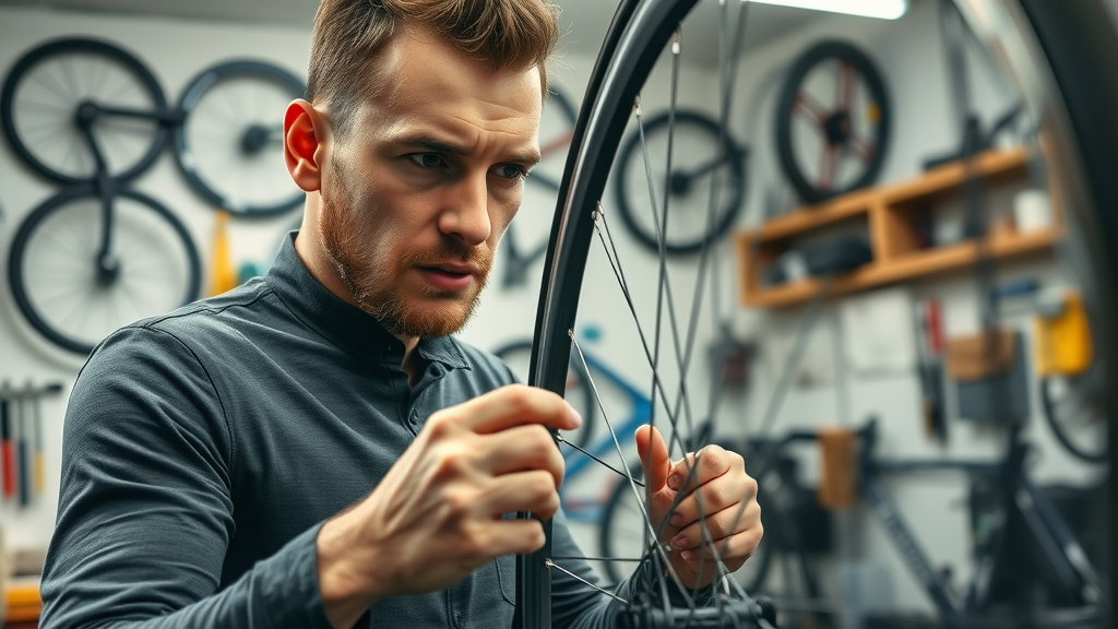 Bike mechanic inspecting wheel for seasonal bike maintenance, organized workshop background