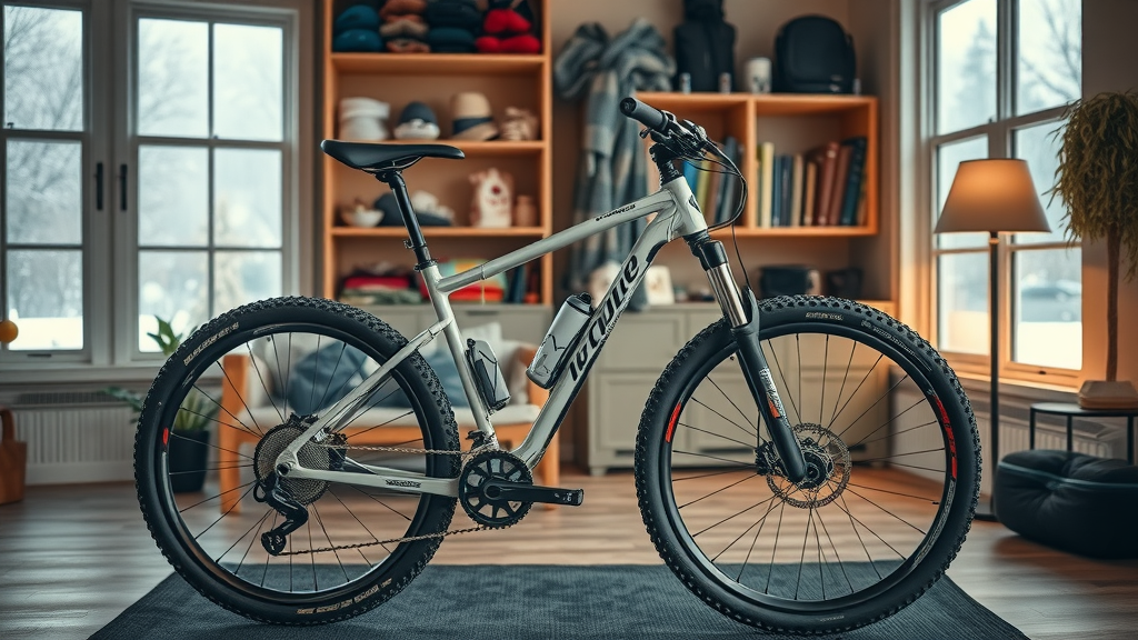 Winter bike maintenance: mountain bike stored indoors, clean, dry, frost on windows, winter gear in background