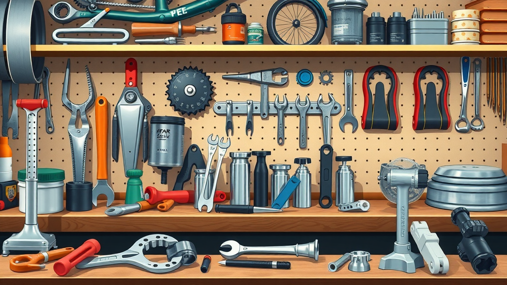 Seasonal bike maintenance tools set: chain lube, brushes, pump, allen wrenches, tire levers, on a workshop bench
