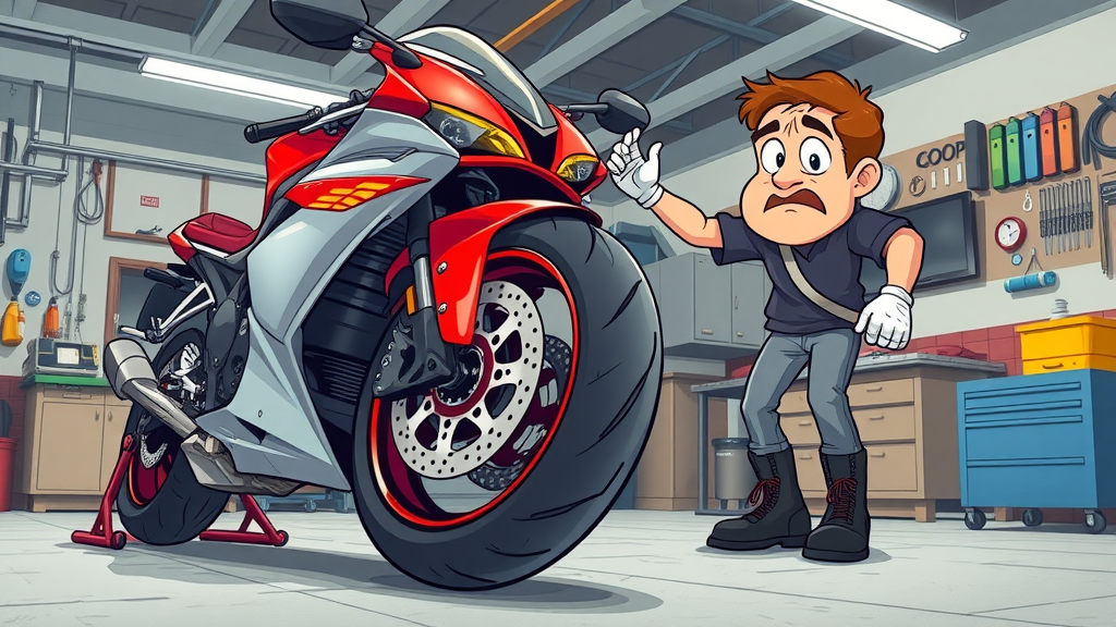 misaligned motorcycle wheel alignment workshop cartoon