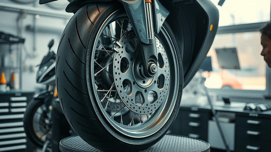 motorcycle wheel balancing technician modern shop rim reflection