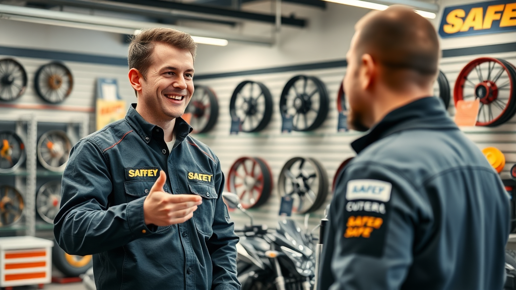 motorcycle technician giving safety advice customer custom wheels shop