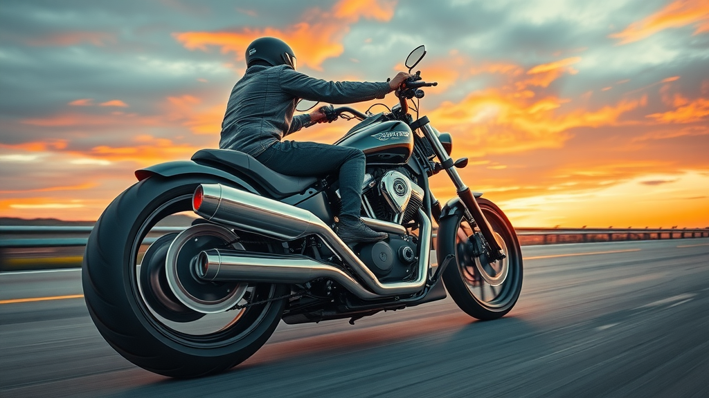 custom motorcycle upgraded exhaust spoked wheels chrome sunset highway