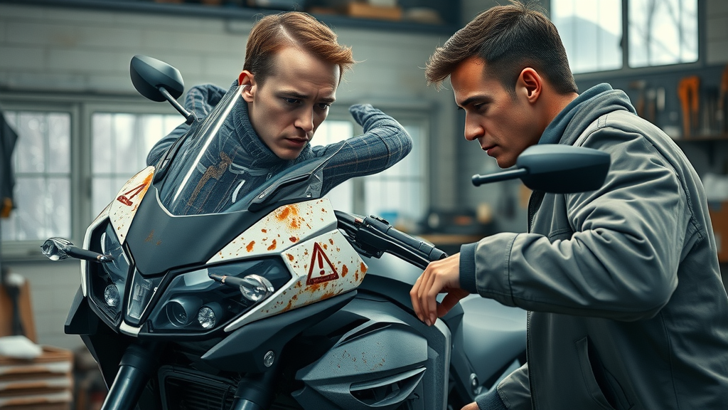 Detailed modern motorcycle in a garage with visible signs of rust, owner inspecting bike for how to protect your motorcycle from rust during winter